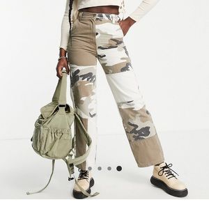 TopShop straight-legged patchwork utility pants in camo.